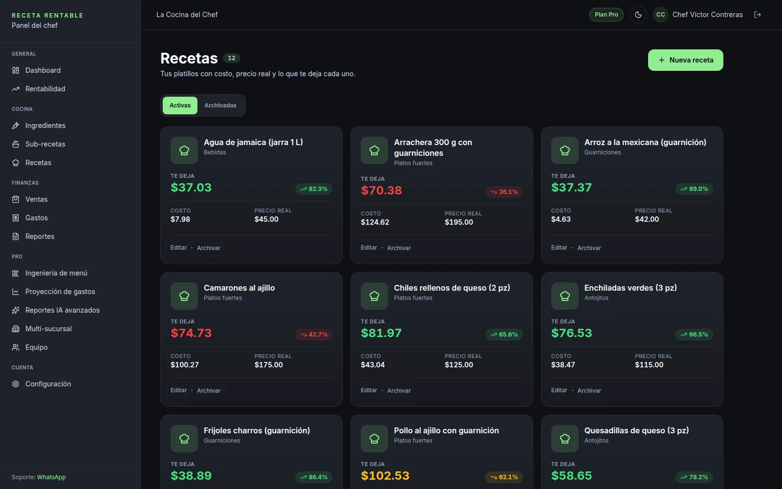 Pantalla de recetas de Receta Rentable: platillo con sus componentes, costo de preparación, margen y precio sugerido